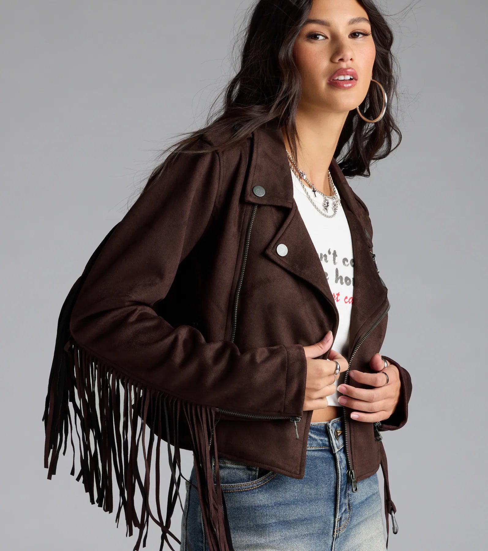 Stylish Out West Faux Suede Fringe Moto Jacket