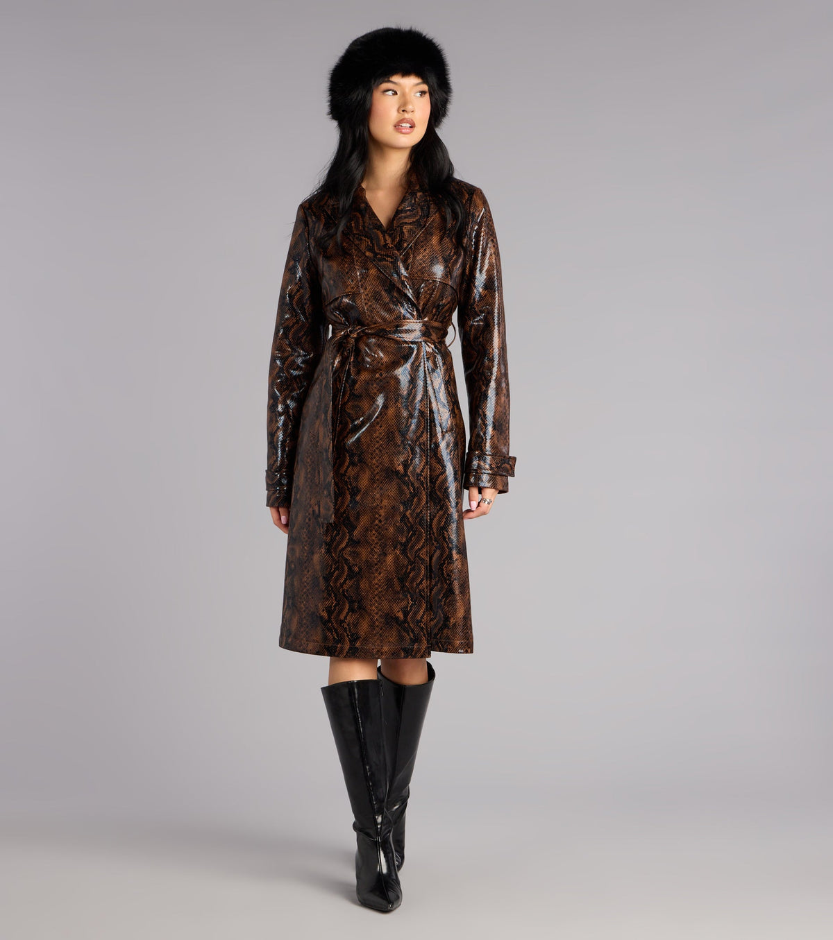 Bite Back Snake Print Faux Leather Trench Coat