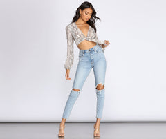 Snake Print Long Sleeve Crop Top