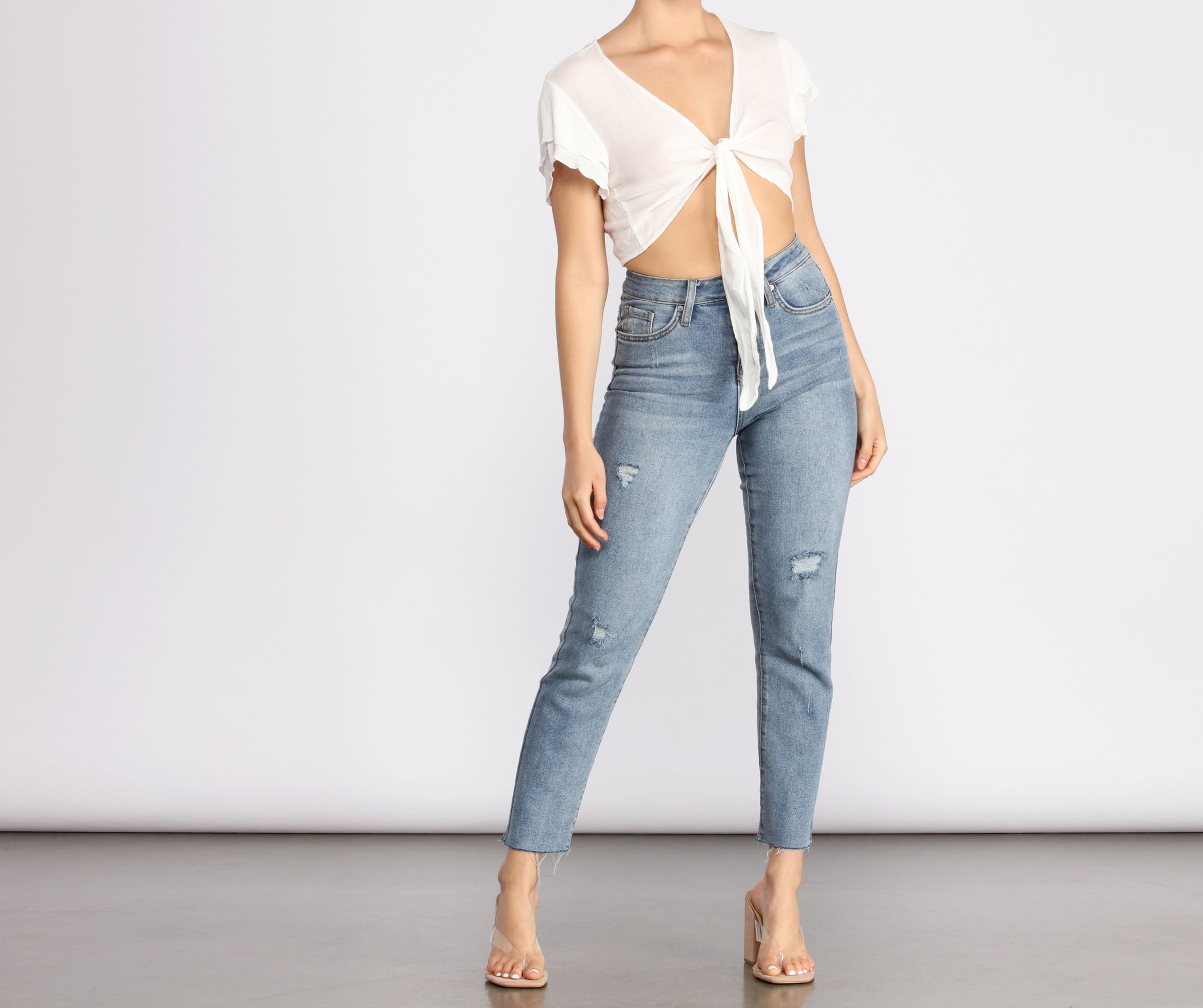 Tied Down Flutter Sleeve Tie Front Top