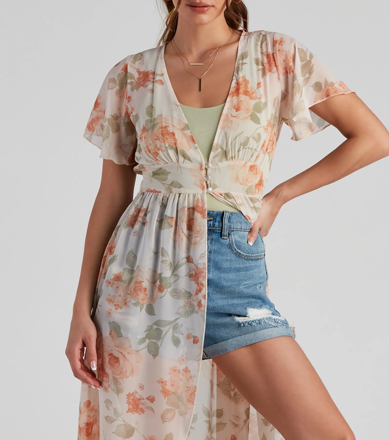 Breezy Flutter Sleeve Floral Duster