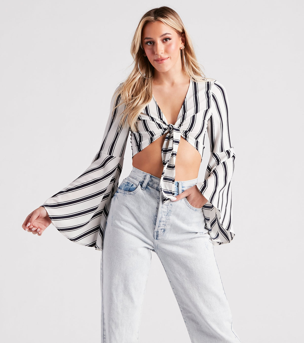 Stripe It Right Crepe Tie-Front Crop Top