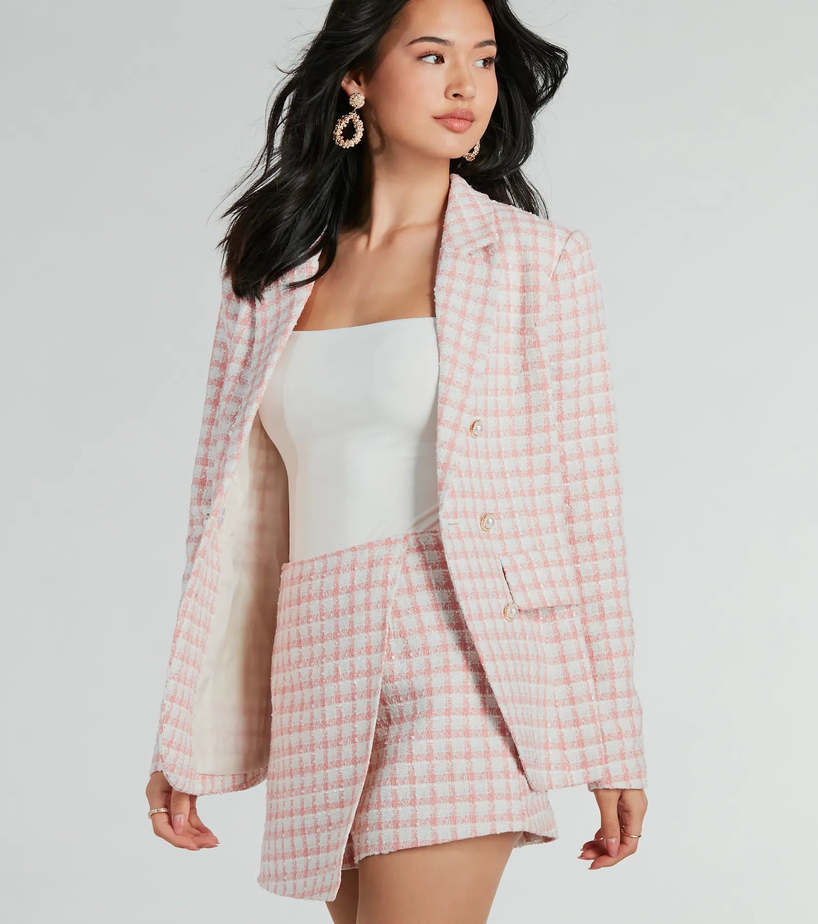 Preppy Beauty Tweed Faux Pearl Button Plaid Blazer
