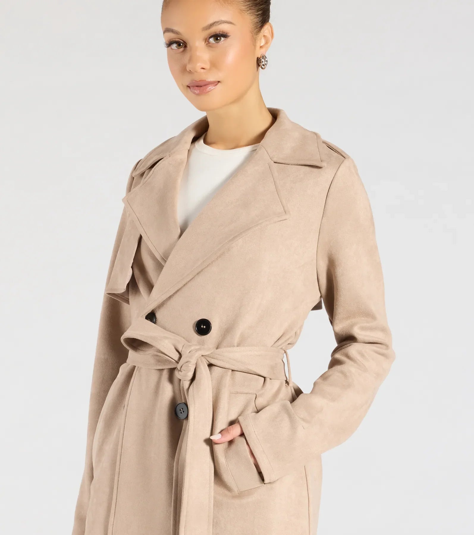 Eye For Style Belted Faux Suede Trench Coat