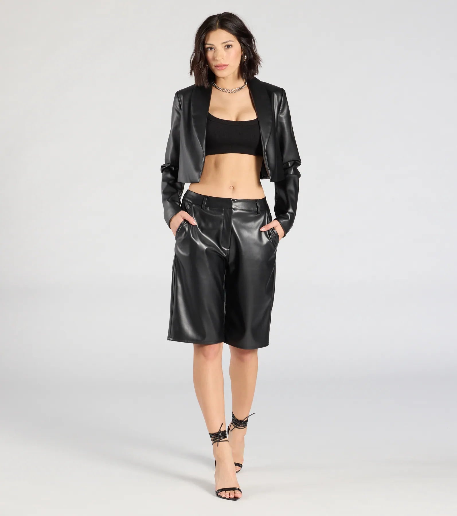 Chic Layer Faux Leather Cropped Blazer