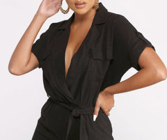 Short Sleeve Tie Waist Utility Jumpsuit