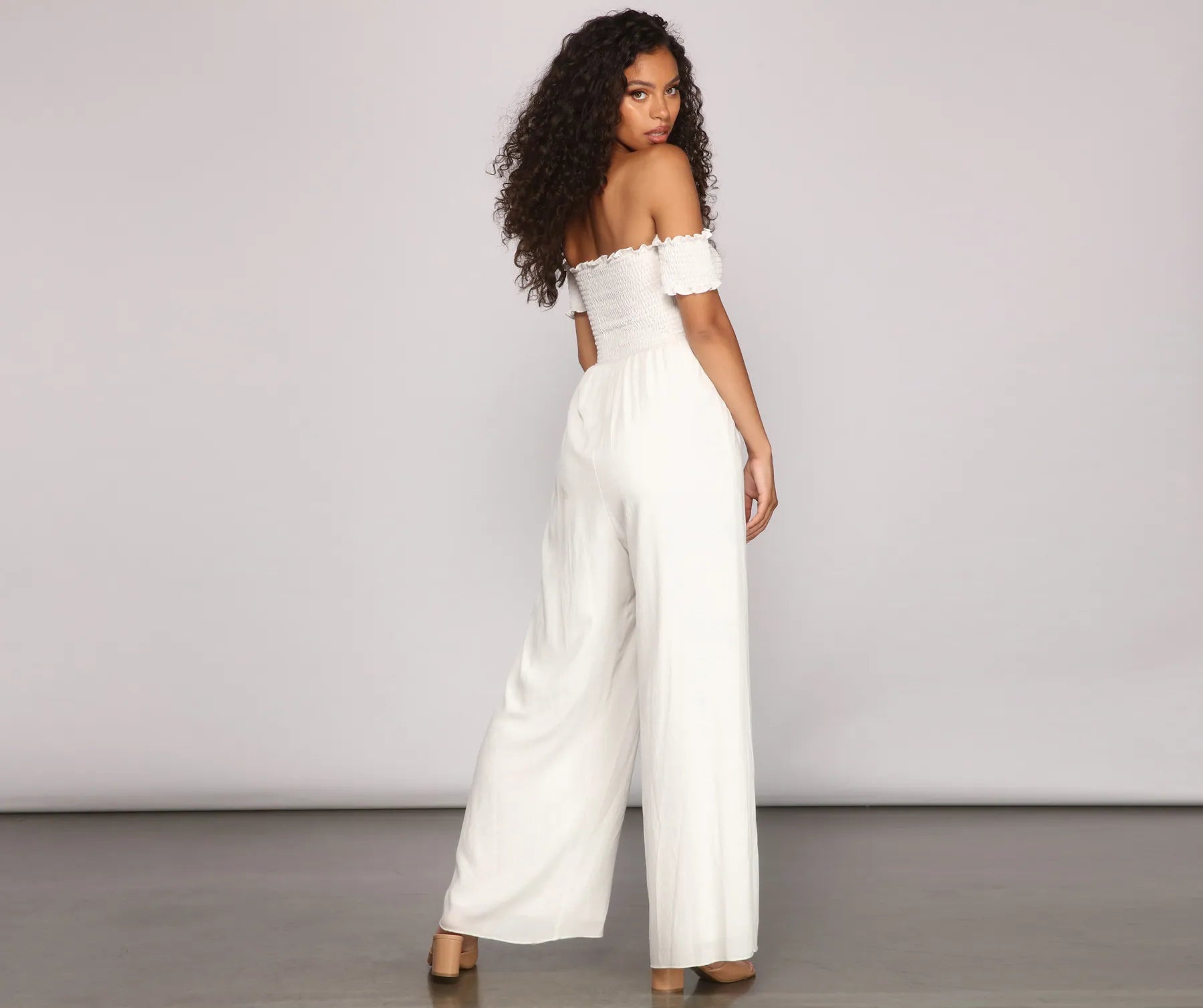 Vacay Bound Off The Shoulder Smocked Jumpsuit