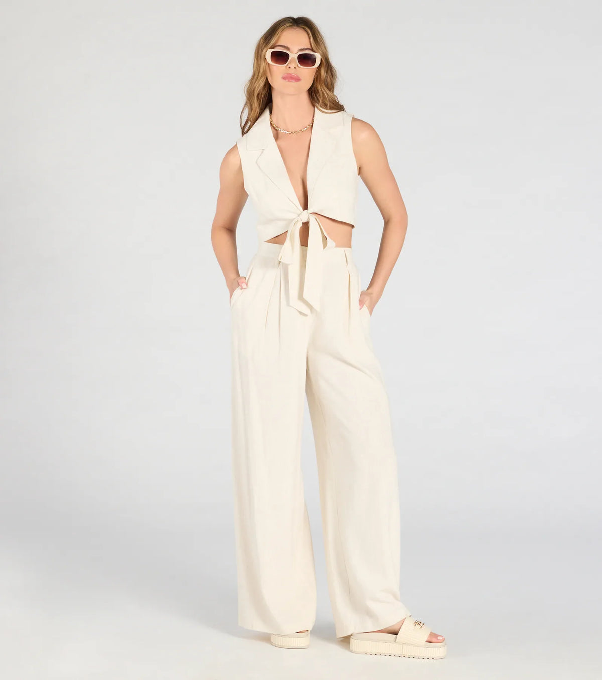 Beachy Chic Wide-Leg Trouser Pants With Linen