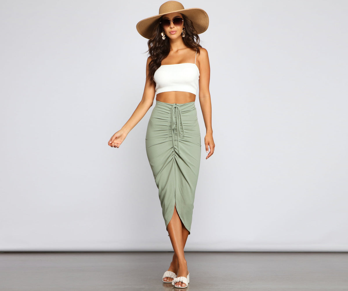 High-Rise Drama Ruched Midi Skirt