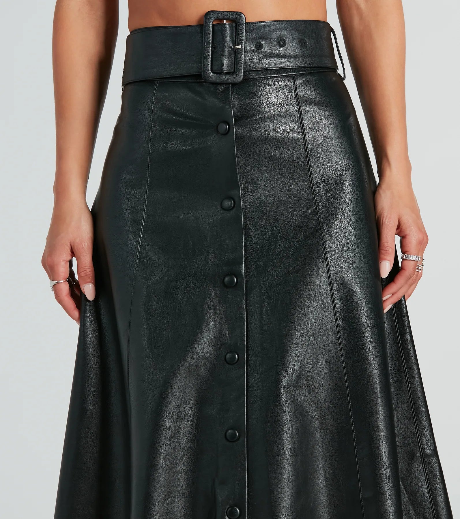 On The Go Girl Faux Leather A-Line Midi Skirt