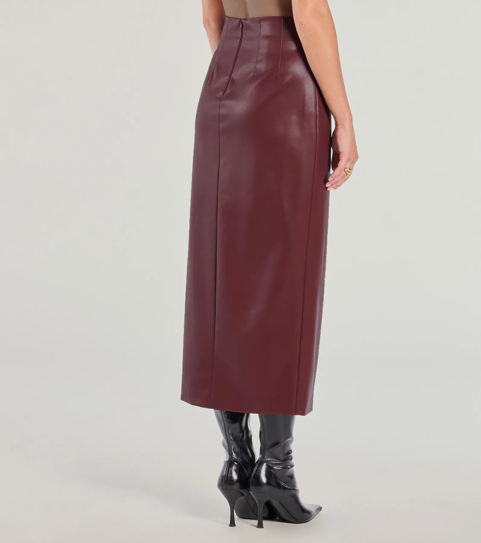 Chic Moment High-Slit Faux Leather Midi Skirt