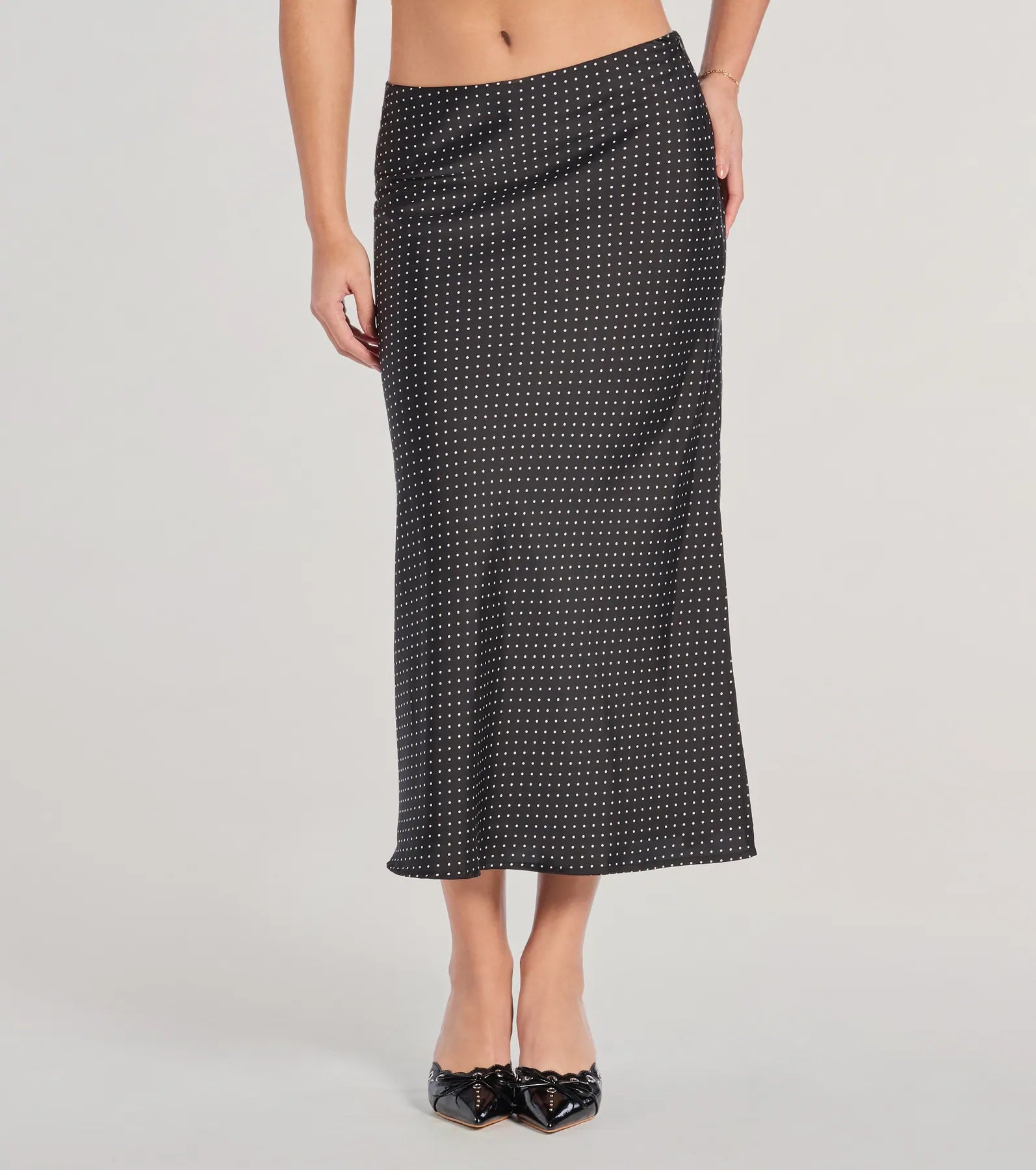 There She Goes High-Rise Slit Polka Dot Satin Midi Skirt