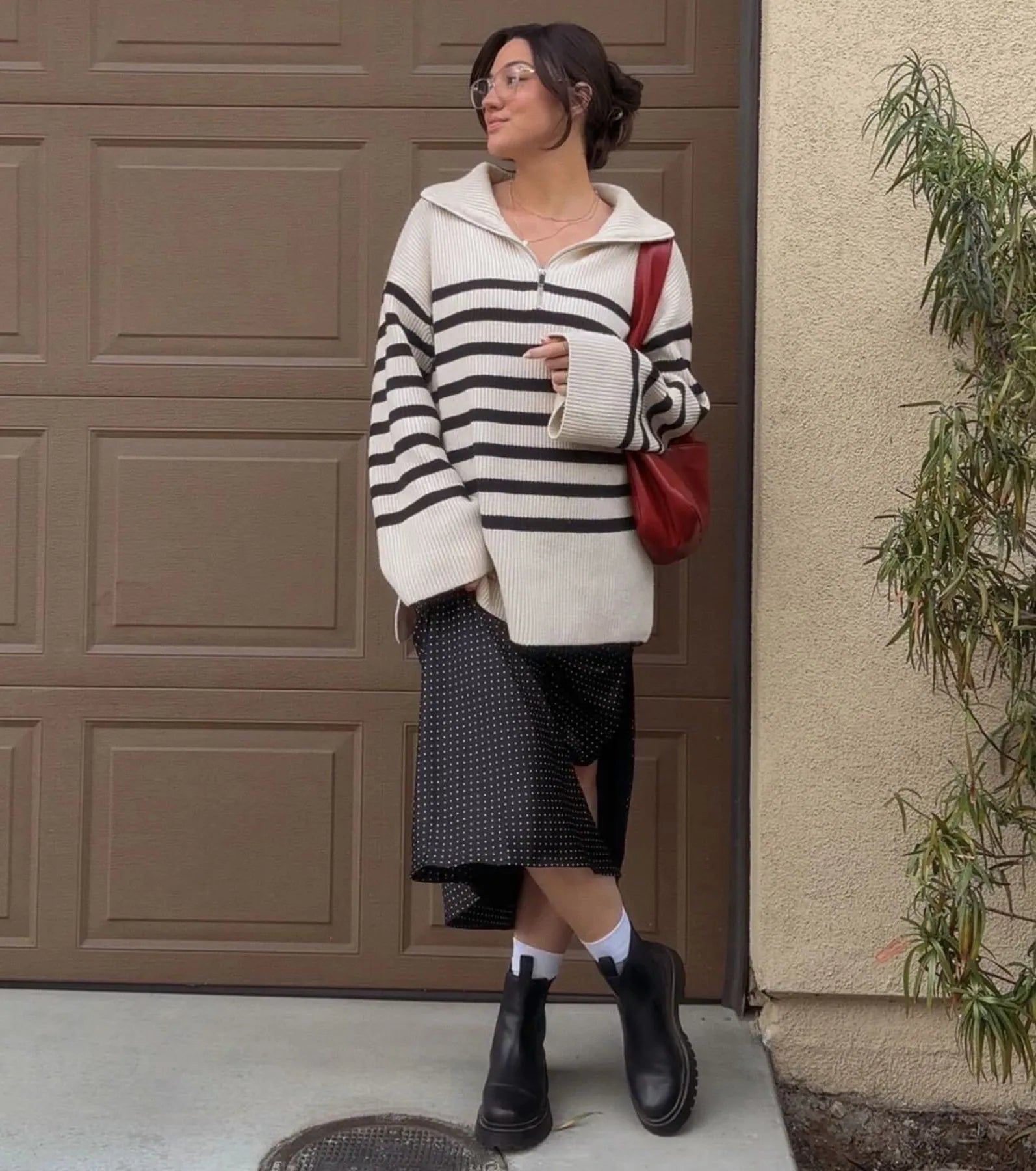 There She Goes High-Rise Slit Polka Dot Satin Midi Skirt