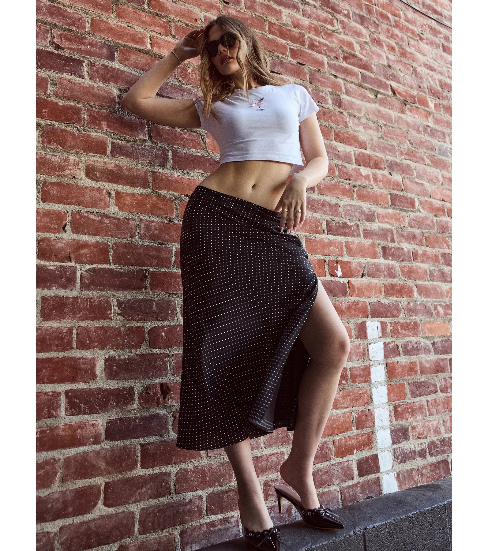 There She Goes High-Rise Slit Polka Dot Satin Midi Skirt