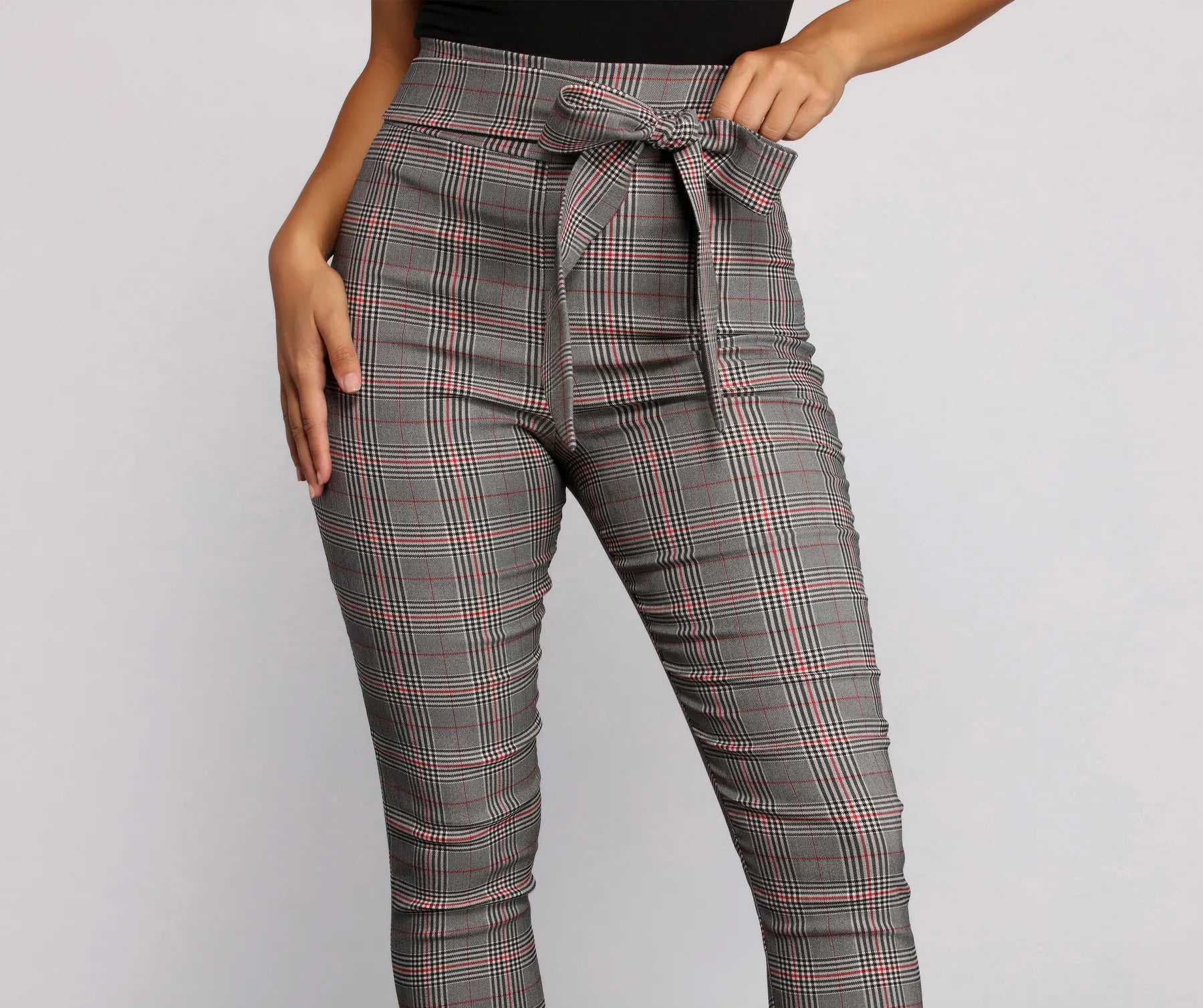 Poised In Plaid Tie Waist Skinny Pants