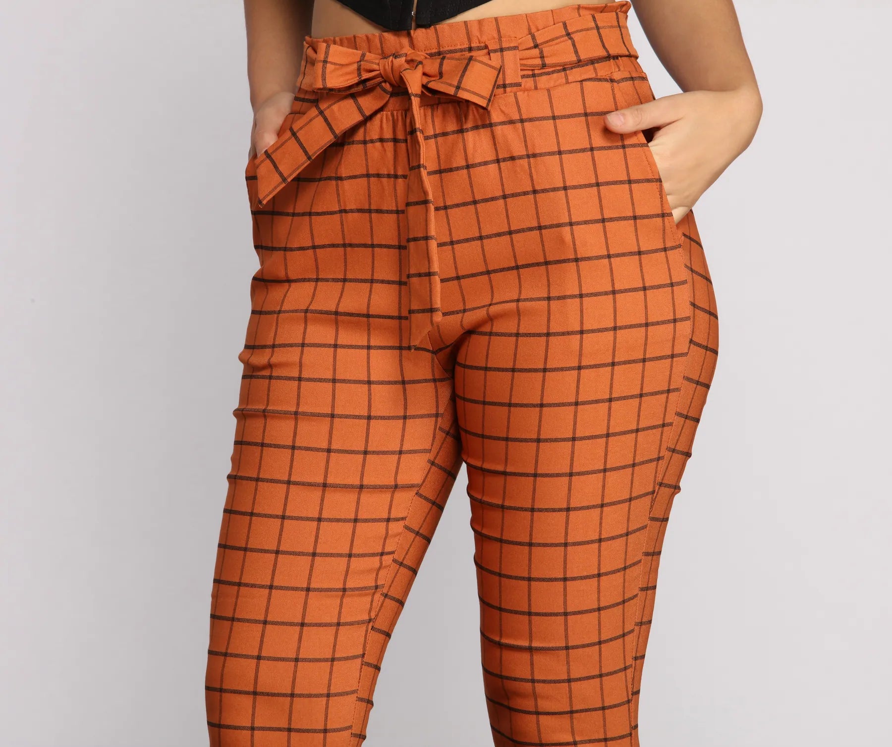 High Waist Paperbag Window Pane Pants