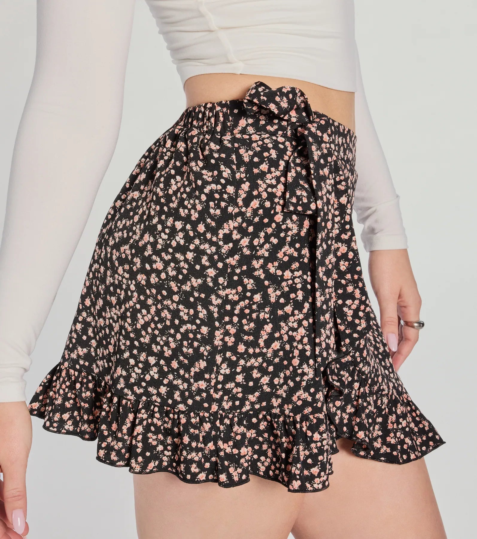 Perfect Date Tie Waist Floral Ruffle Skort