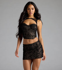Sultry Eye Candy Floral Velvet Mesh Mini Skirt