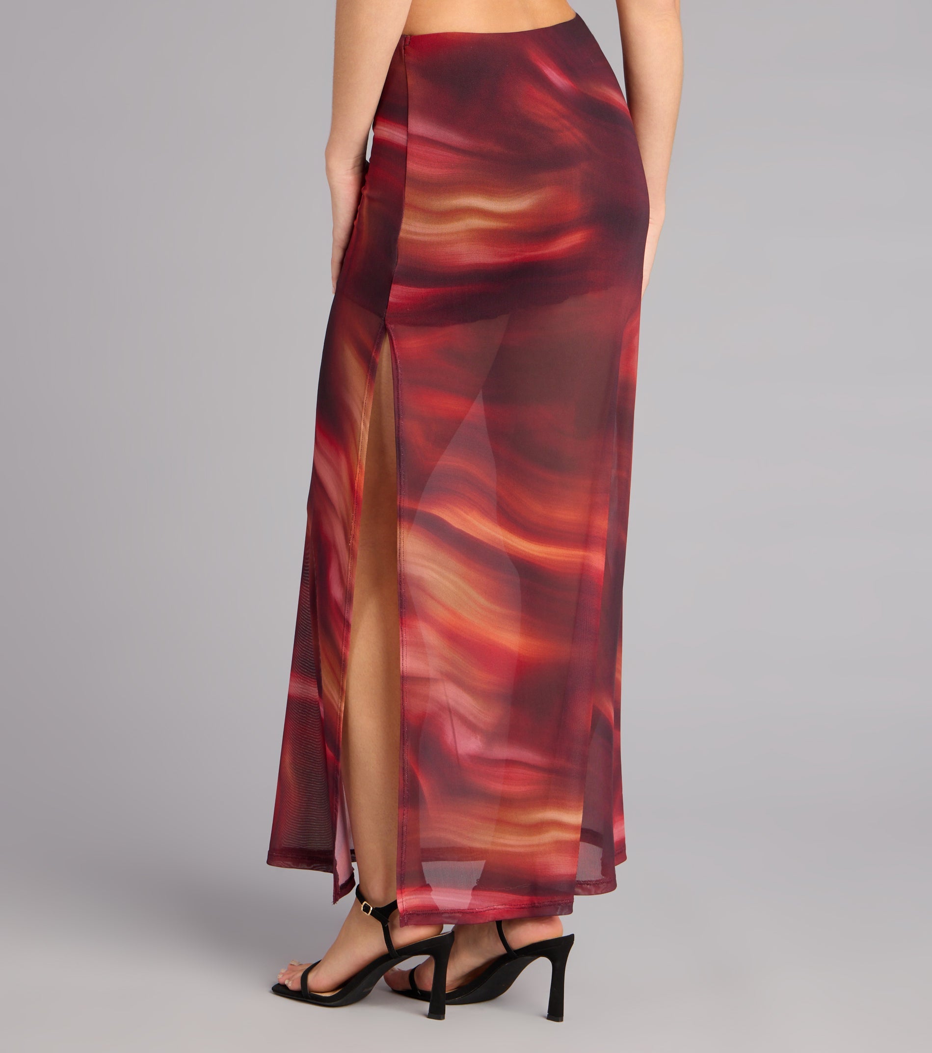 Sunset Glow Abstract Print Mesh Maxi Skirt