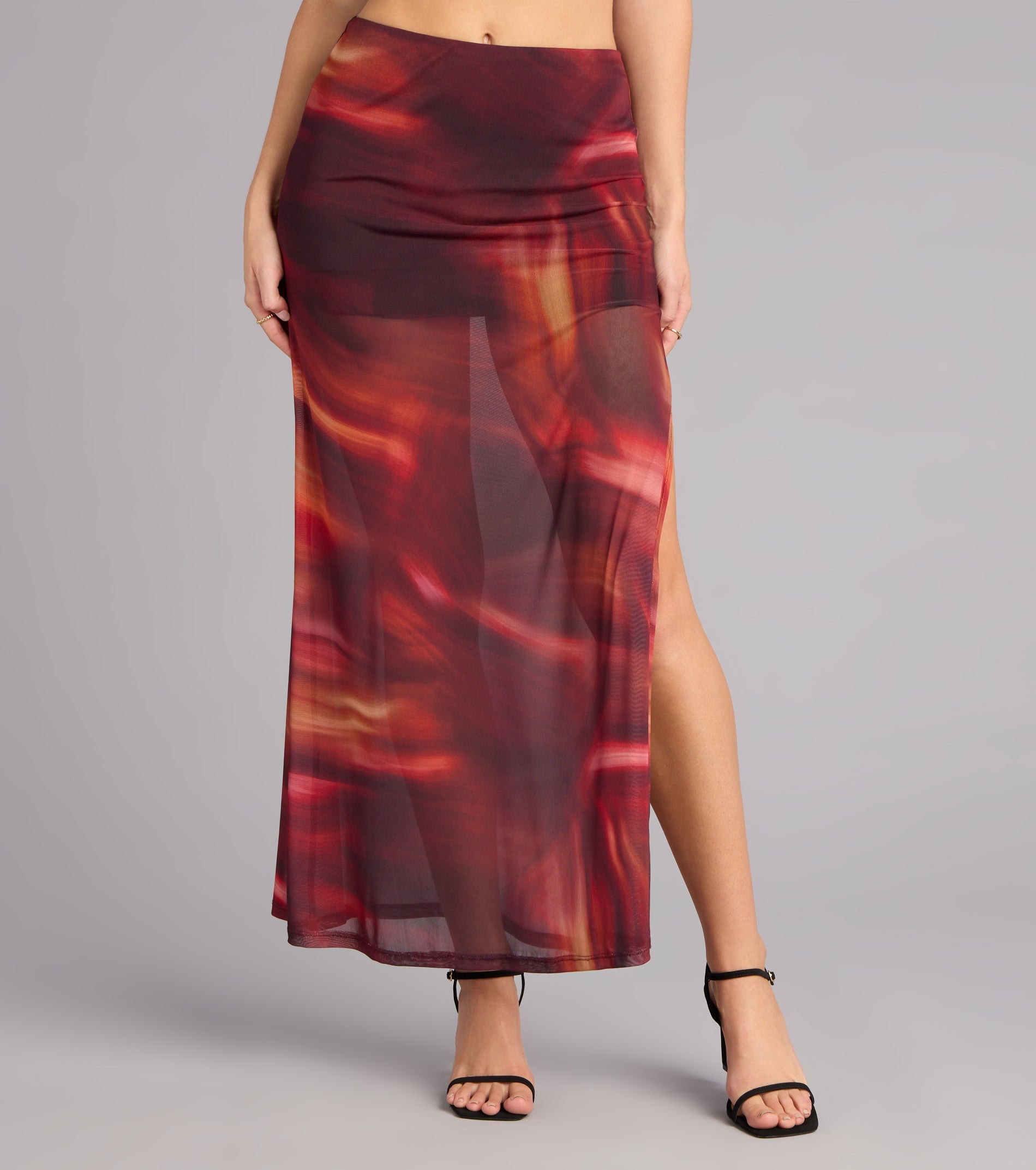 Sunset Glow Abstract Print Mesh Maxi Skirt