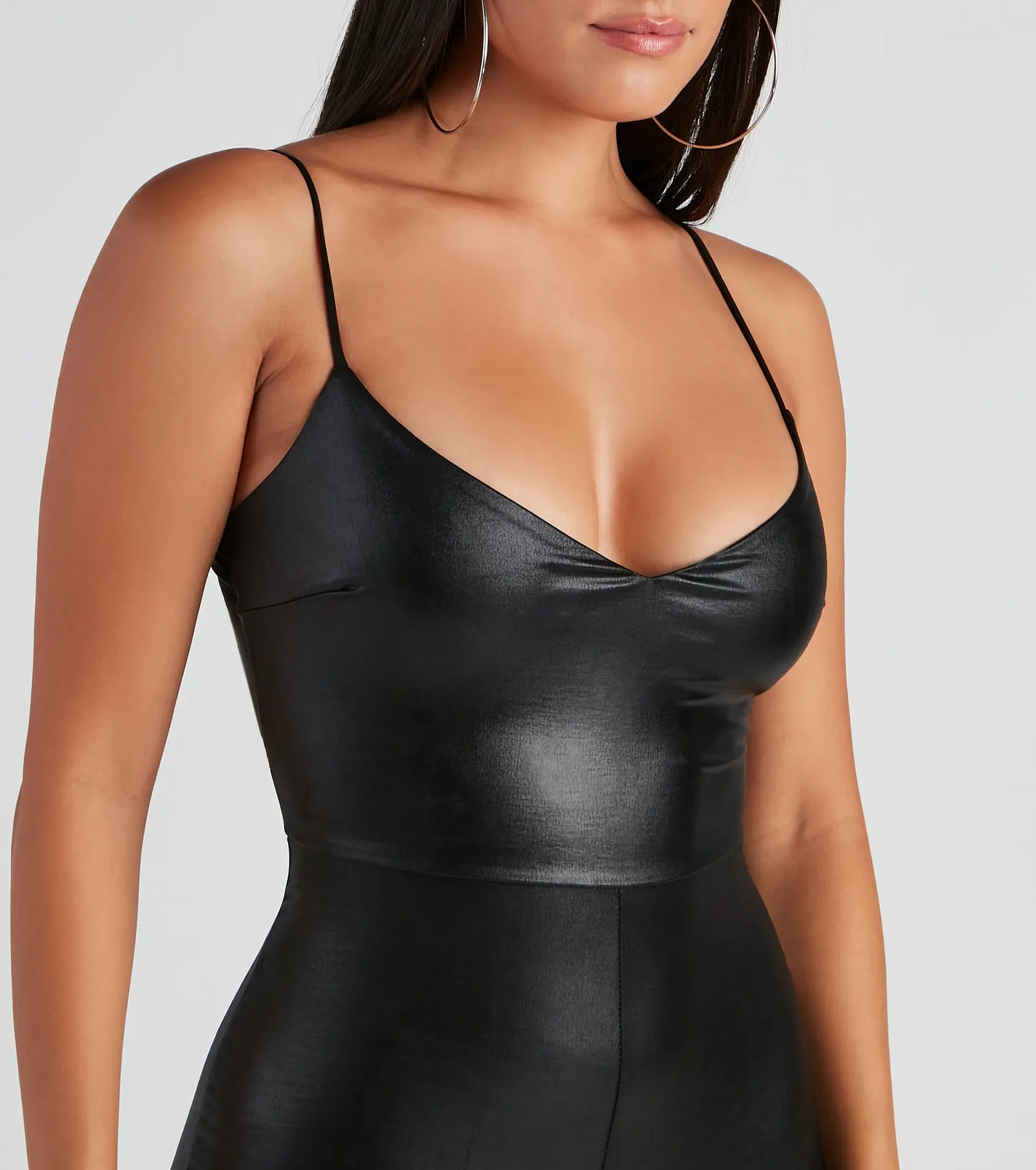 Sleek Sleeveless V-Neck Faux Leather Catsuit