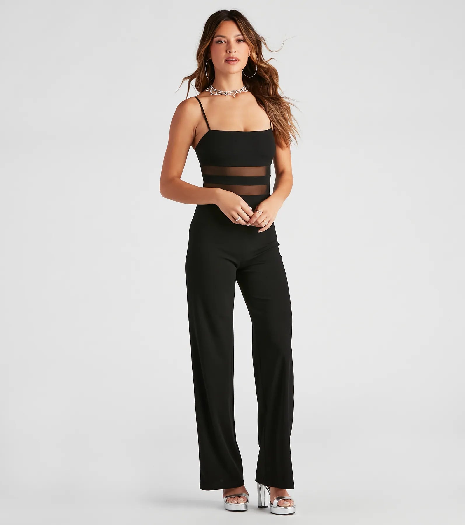All An Illusion Mesh Stripe Jumpsuit