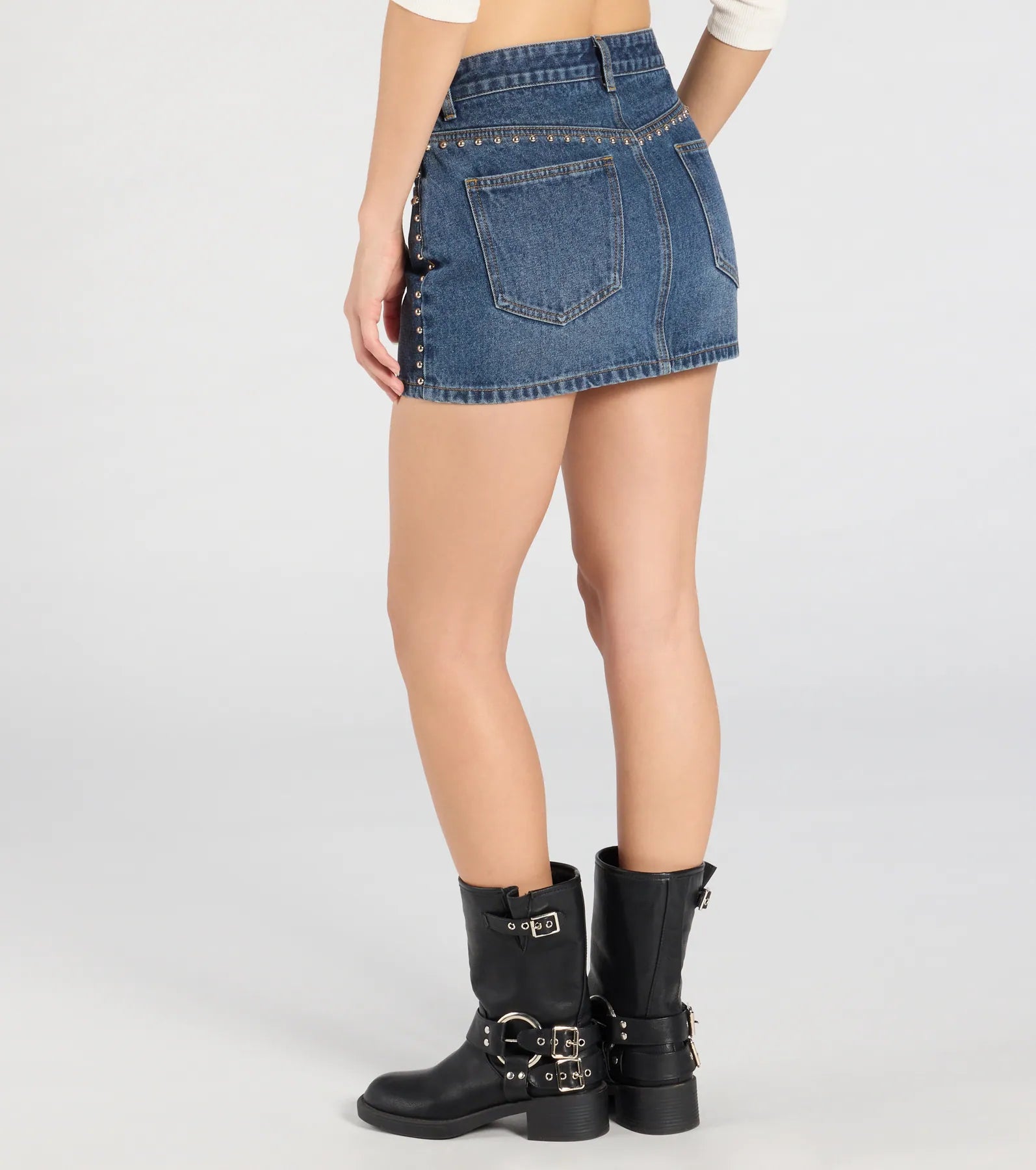 Tell Me About It Stud Mid Rise Denim Mini Skirt