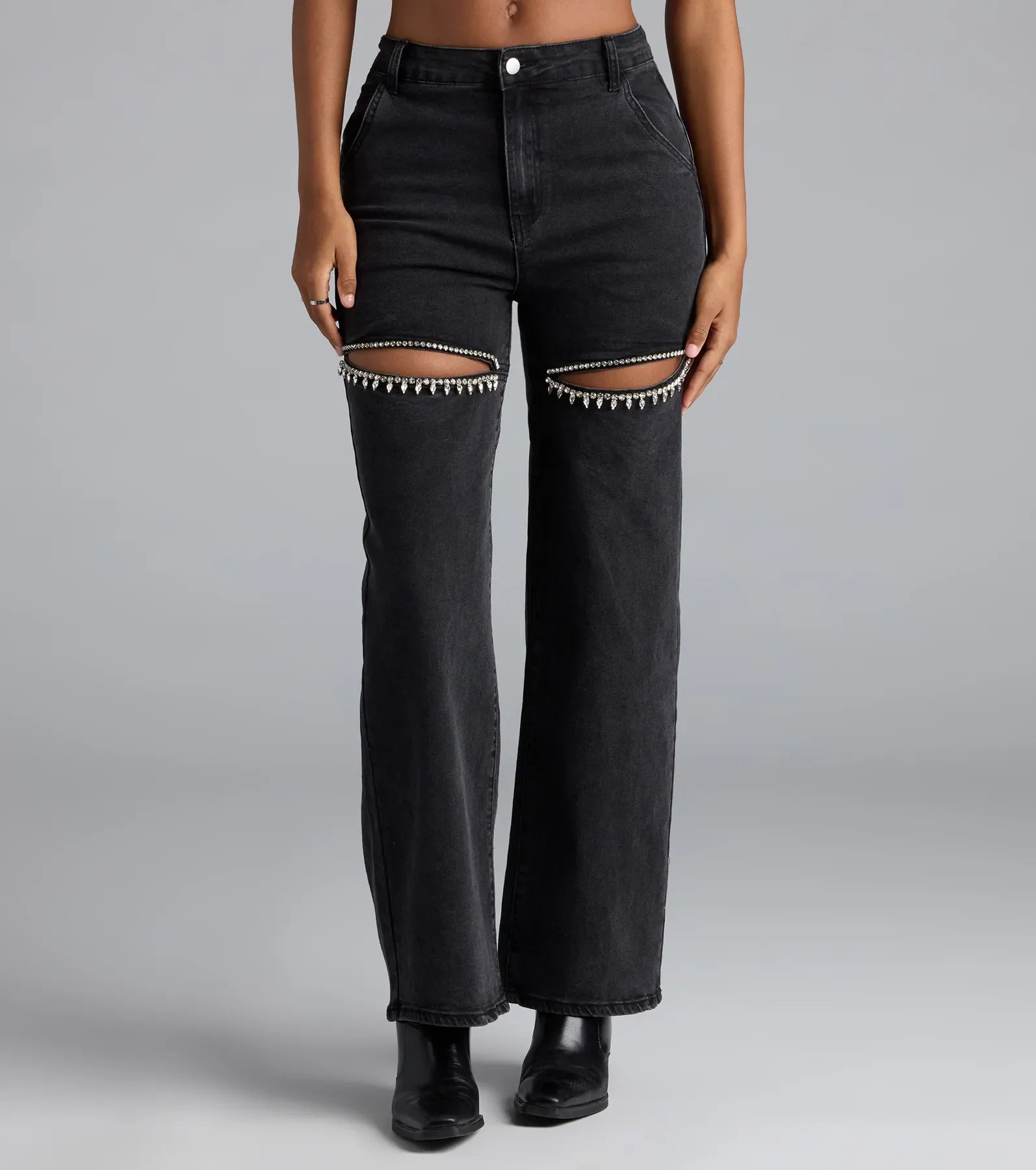 So Obsessed Rhinestone Cutout Straight Leg Denim Jeans
