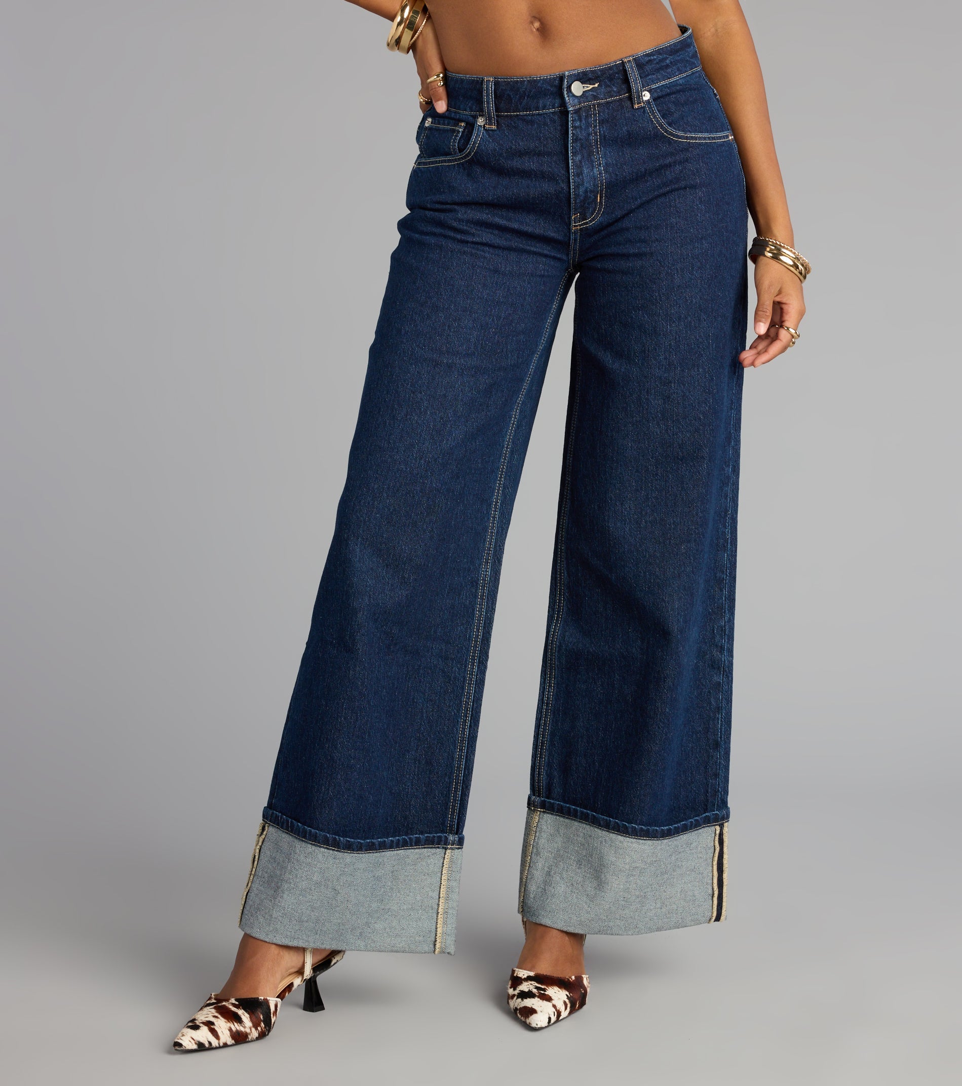 High Roll Mid-Rise Straight Leg Denim Jeans