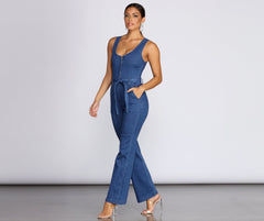 Zip Front Denim Jumpsuit