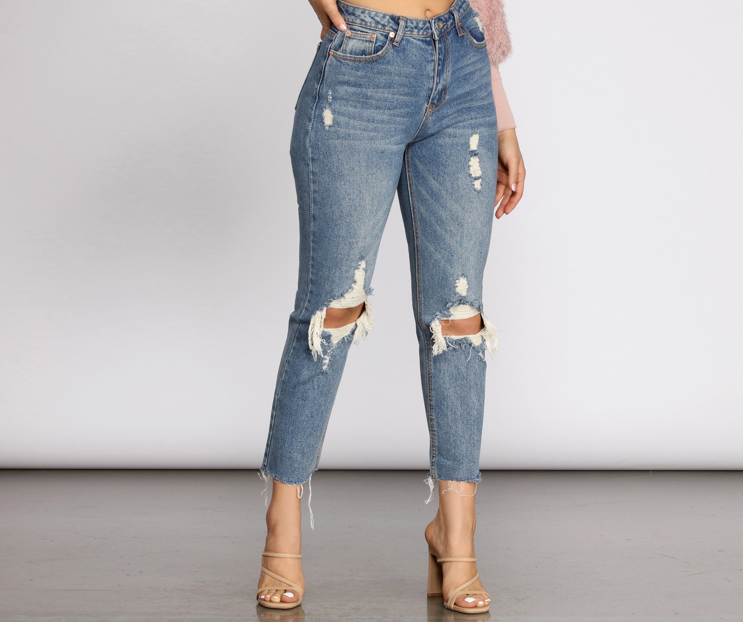 High Waist Distressed Denim Pants