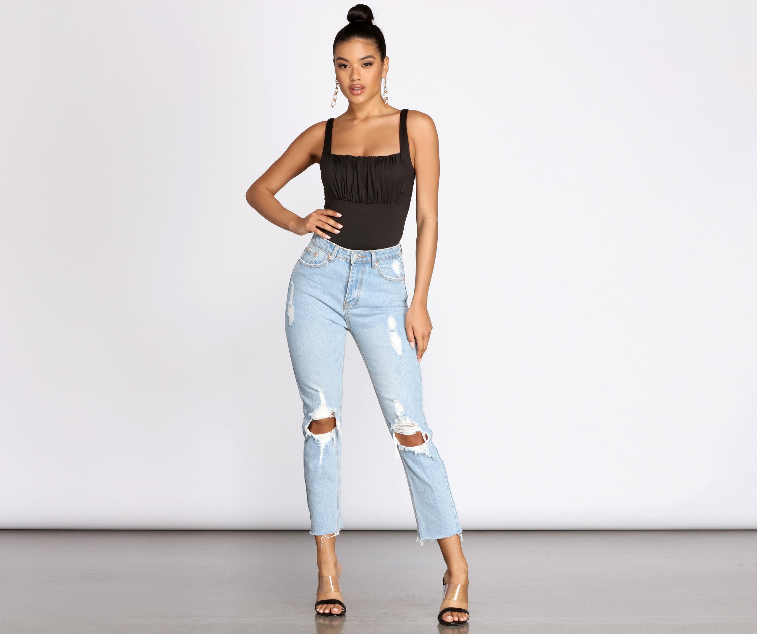 High Waist Distressed Denim Pants