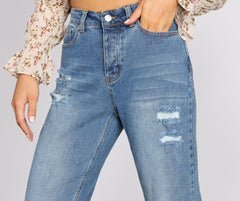 High Rise Destructed Straight Leg Jeans