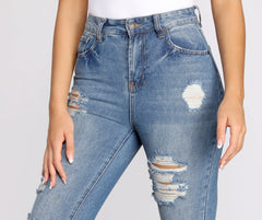 High Rise Straight Leg Destructed Denim Jeans
