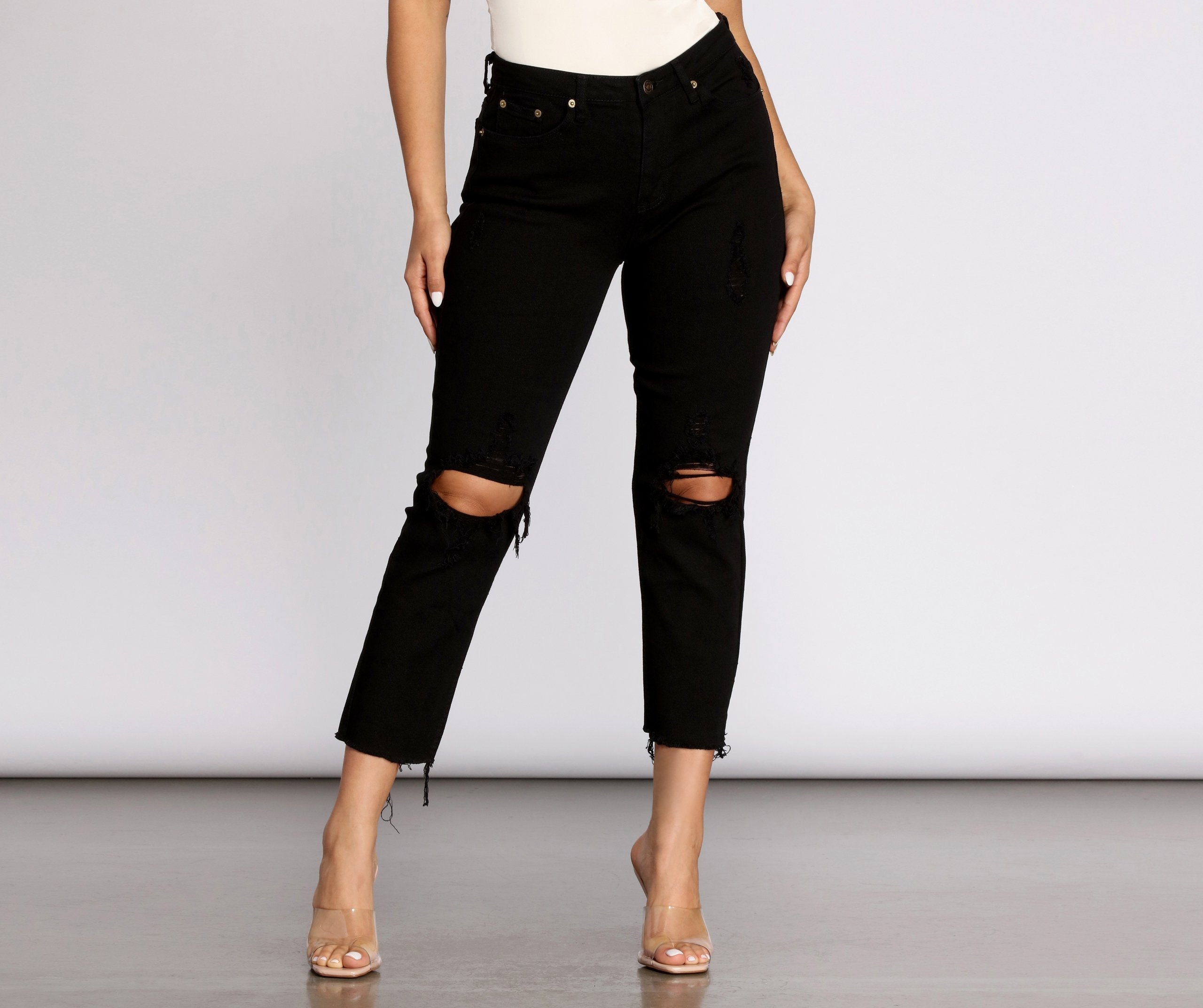High Waist Distressed Denim Pants