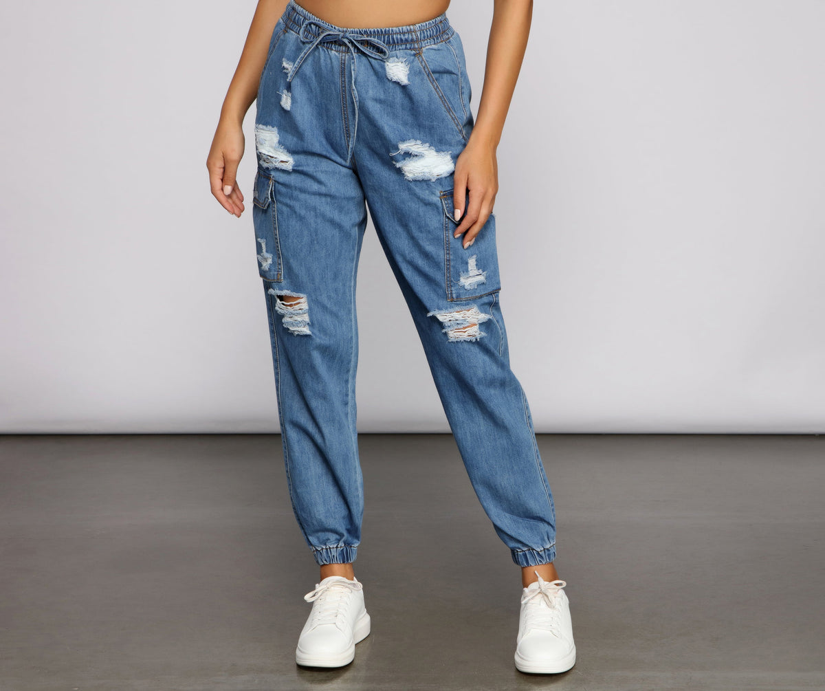 High Rise Denim Cargo Joggers