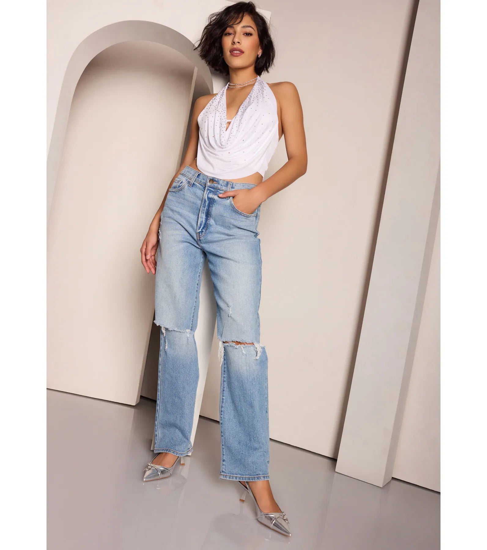 High-Rise Distressed Boyfriend Jeans