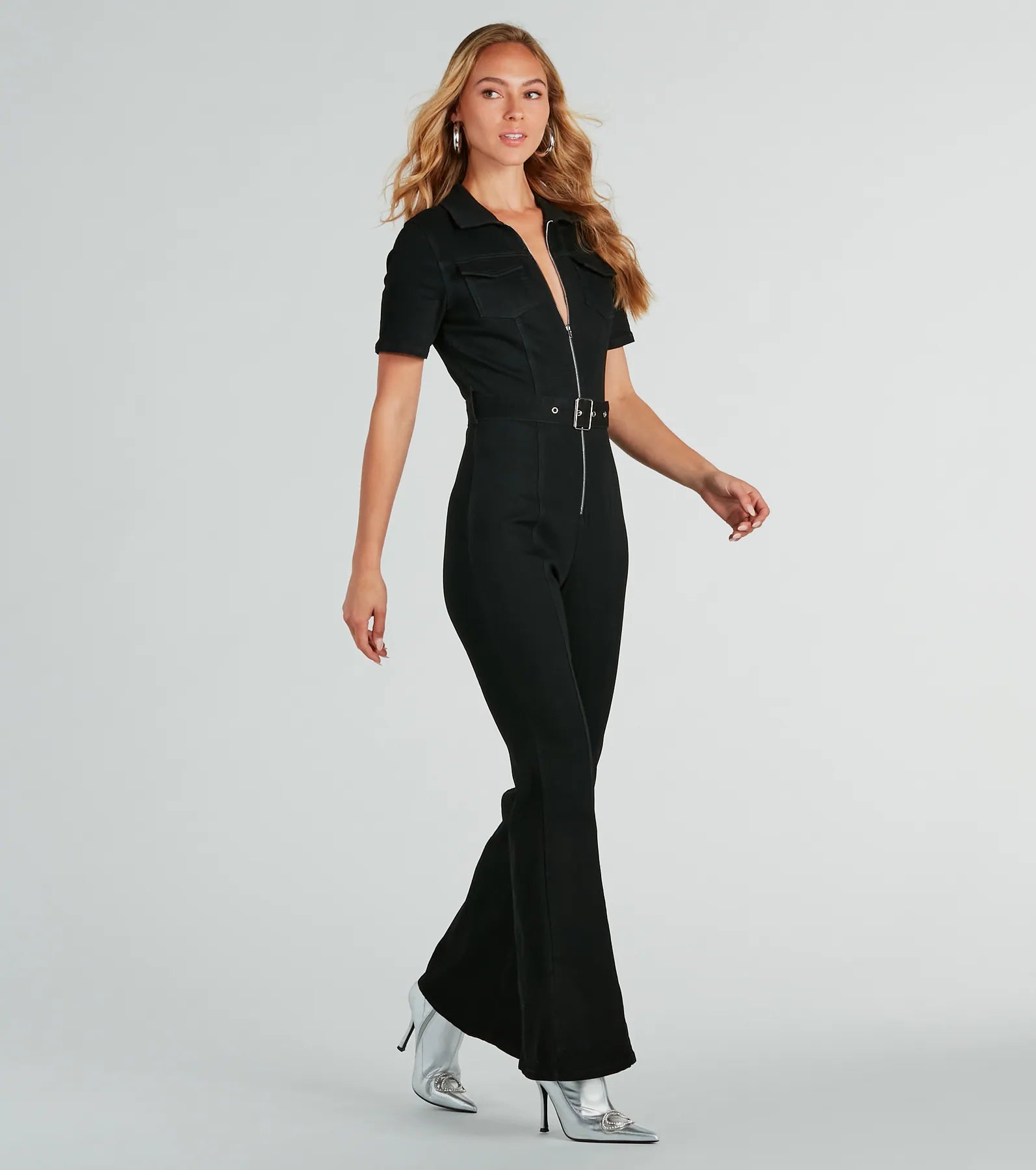 Revamped Retro Belted Flare Denim Jumpsuit