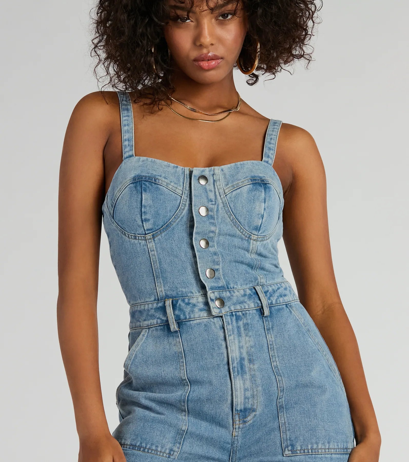 Trendy Perfection Button Up Wide Leg Denim Jumpsuit