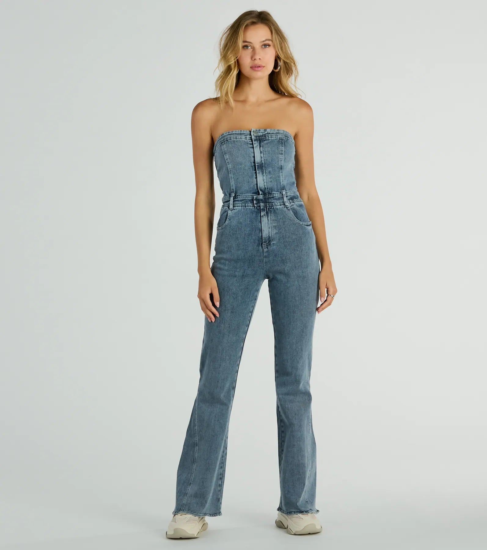 Flirty Retro Strapless Flare Denim Jumpsuit