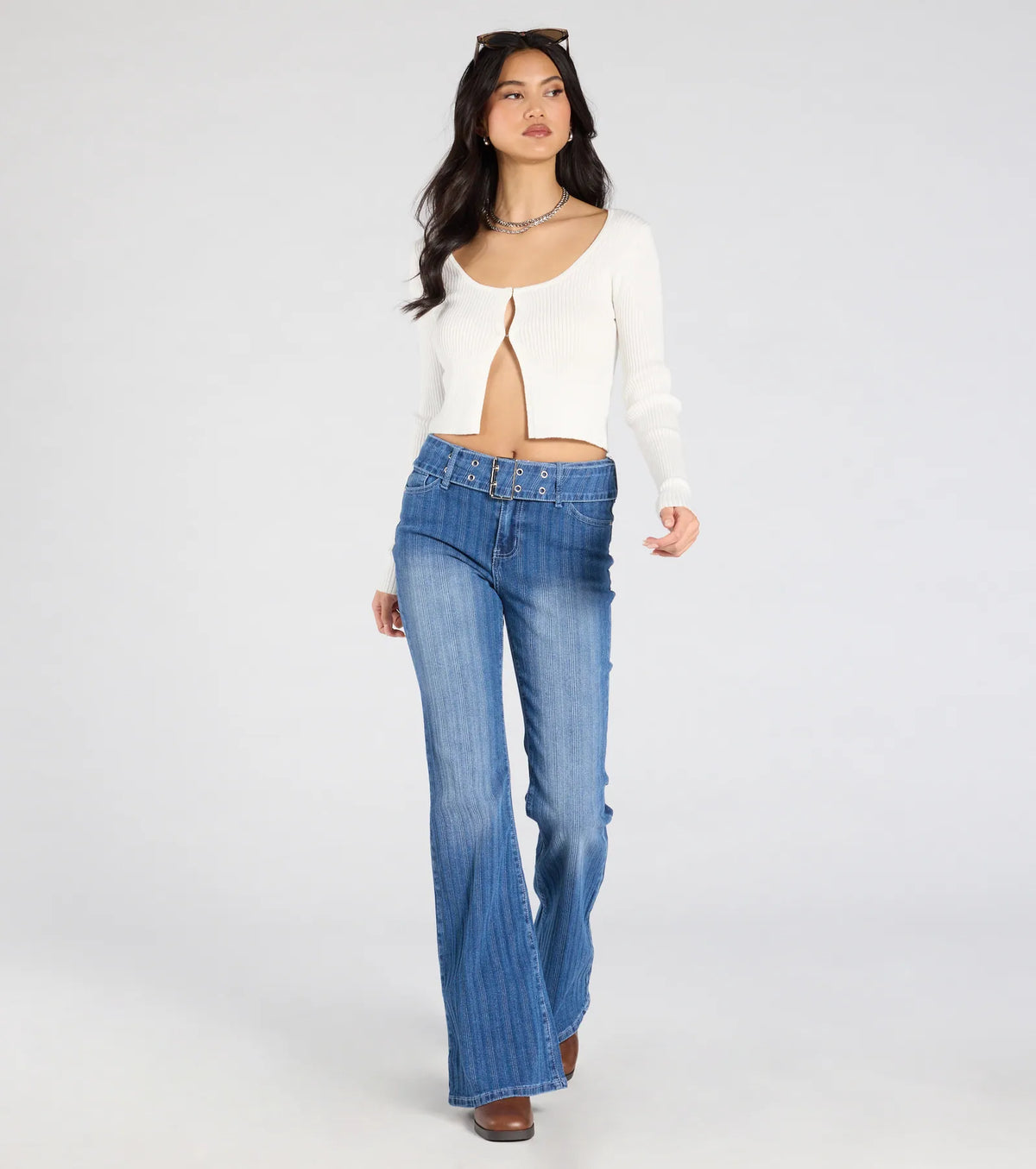 All Time Cute Mid-Rise Belted Flare Denim Jeans