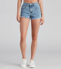 In Check High Rise Denim Mom Shorts