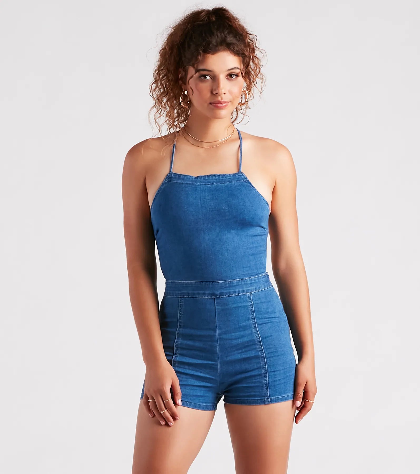 Playful In Denim Lace-Up Romper
