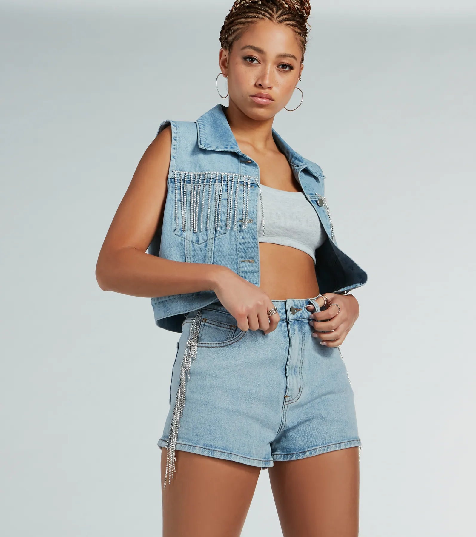 Life Of the Party Rhinestone Fringe Denim Shorts