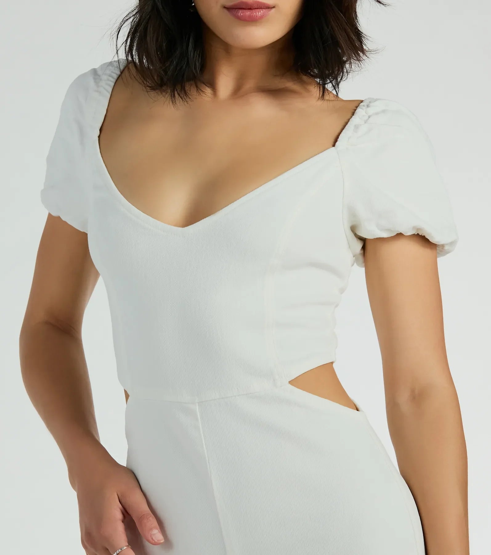 Dreamy Day Puff Sleeve Cut Out Denim Romper