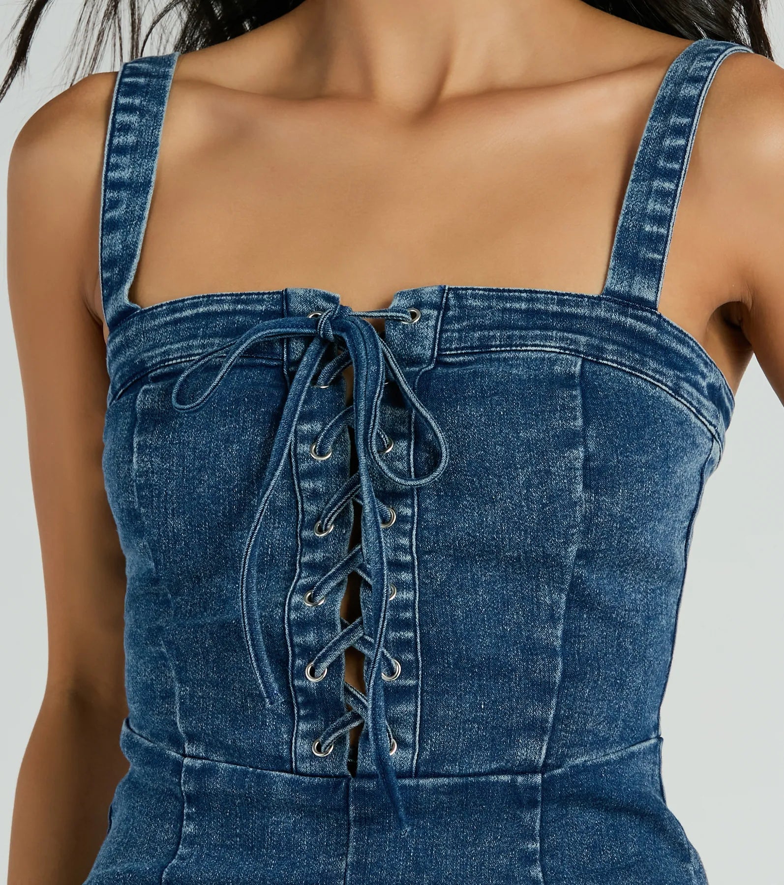 Enticing Flirty Sleeveless Lace-Up Denim Romper