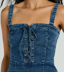 Enticing Flirty Sleeveless Lace-Up Denim Romper