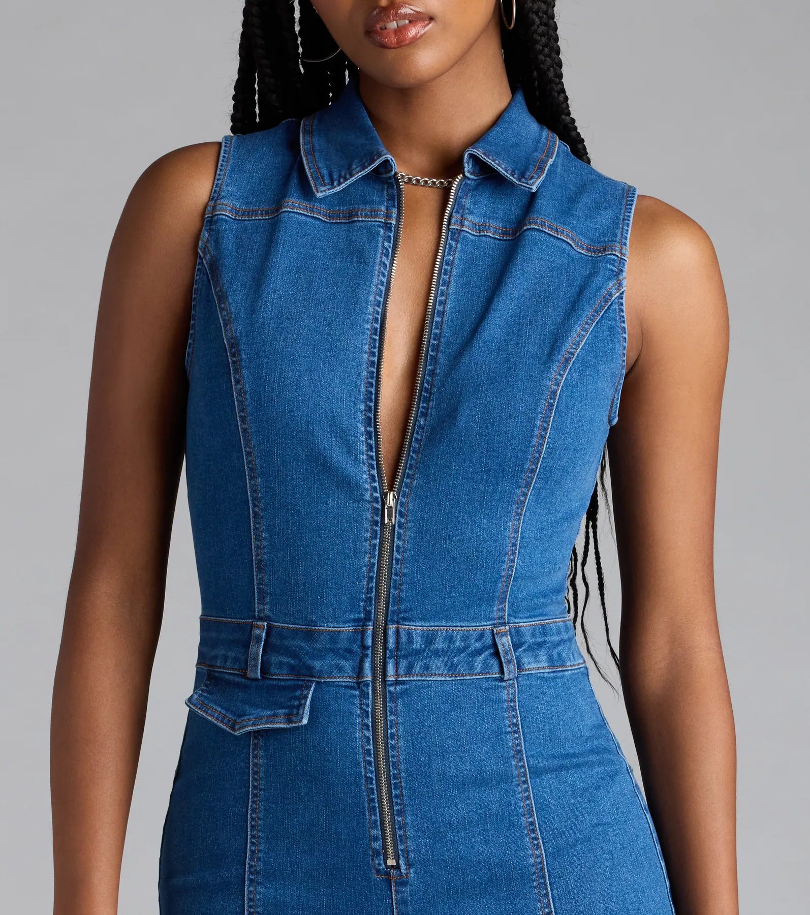 Trendy Fab Zip-Front Denim Romper