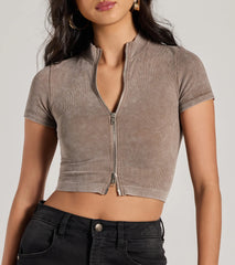 Trending Vibe Short Sleeve Zip Up Crop Top