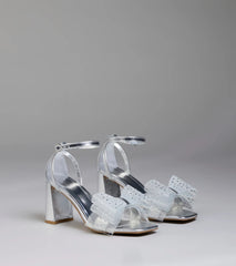 Fancy Looks Rhinestone Bow Metallic Block Heels